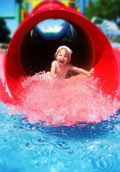 Red Water Slide Laughing Kid Blue Water